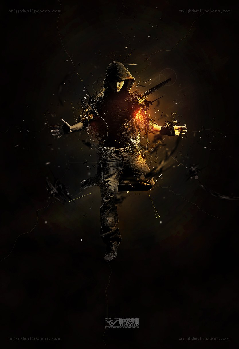 hooded figure in digital explosion