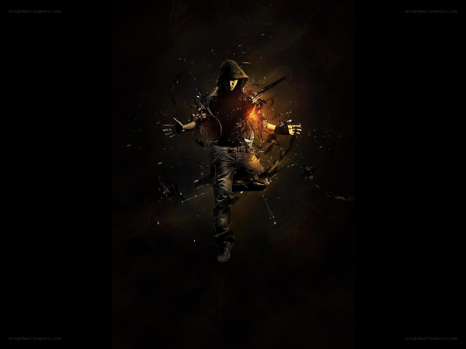 hooded figure in explosive action