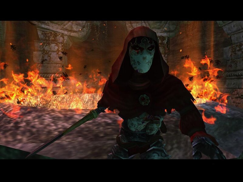 hooded figure in fiery ruin