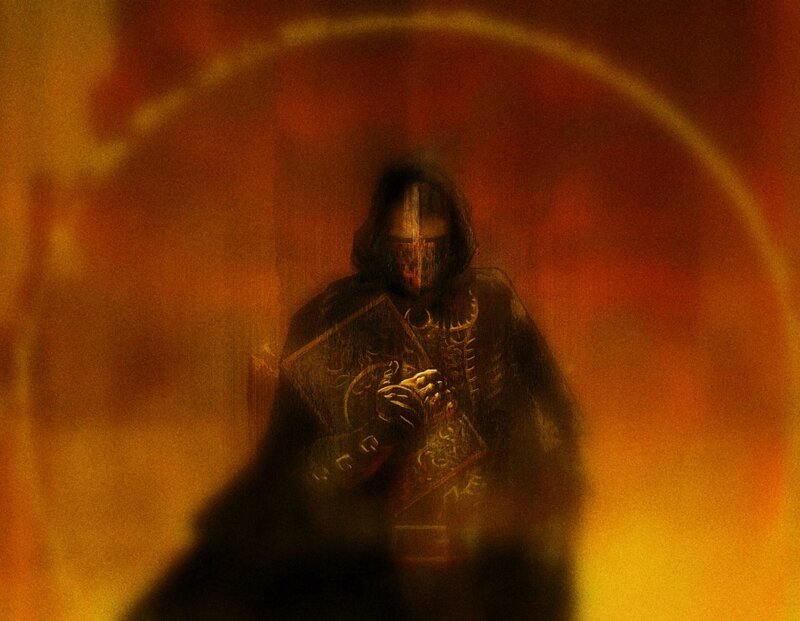 hooded figure in fiery tunnel