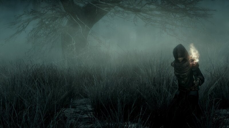 Hooded Figure in Fog — Gray