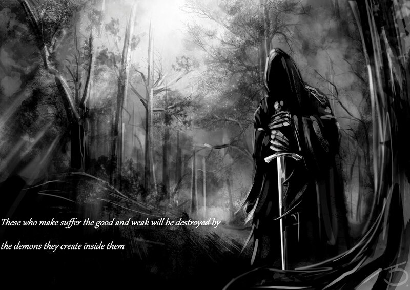 Hooded Figure in Forest — Black, Dark, Digital Art, Sword