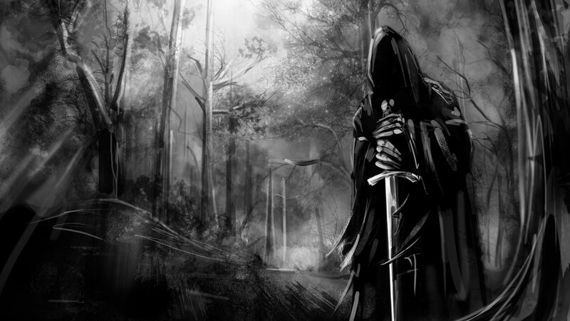 Hooded Figure in Forest — Black, Dark, Digital Art