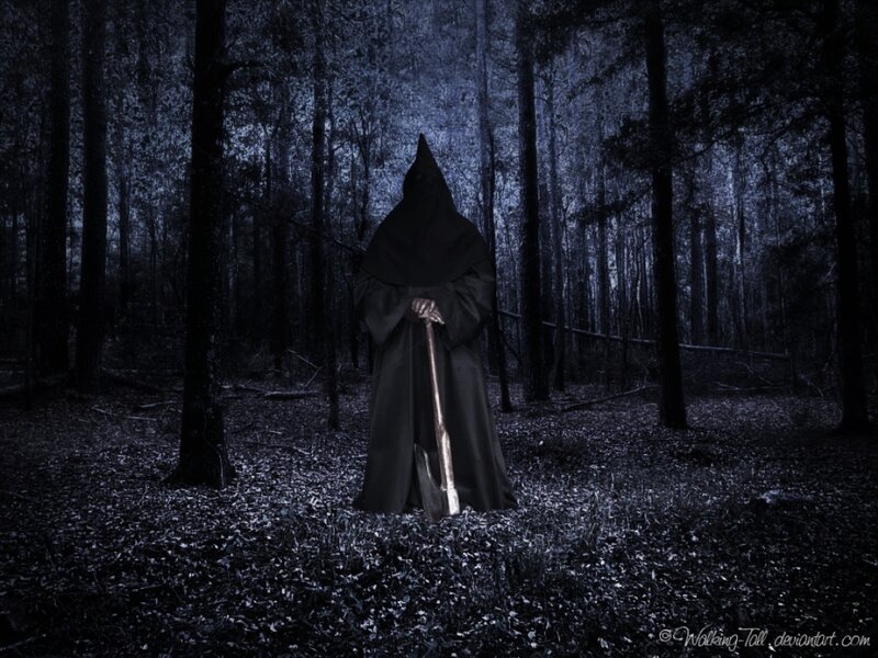 Hooded Figure in Forest — Black, Dark, Night, Digital Art, Axe