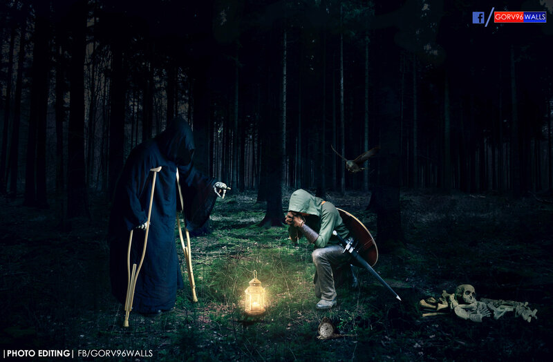 Hooded Figure in Forest — Black, Dark, Night, Digital Art, Skeleton