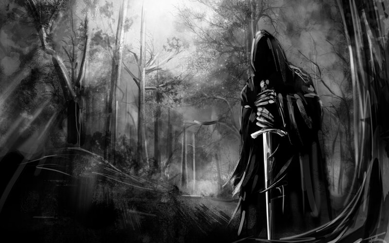 Hooded Figure in Forest — Black, Dark, Night, Digital Art