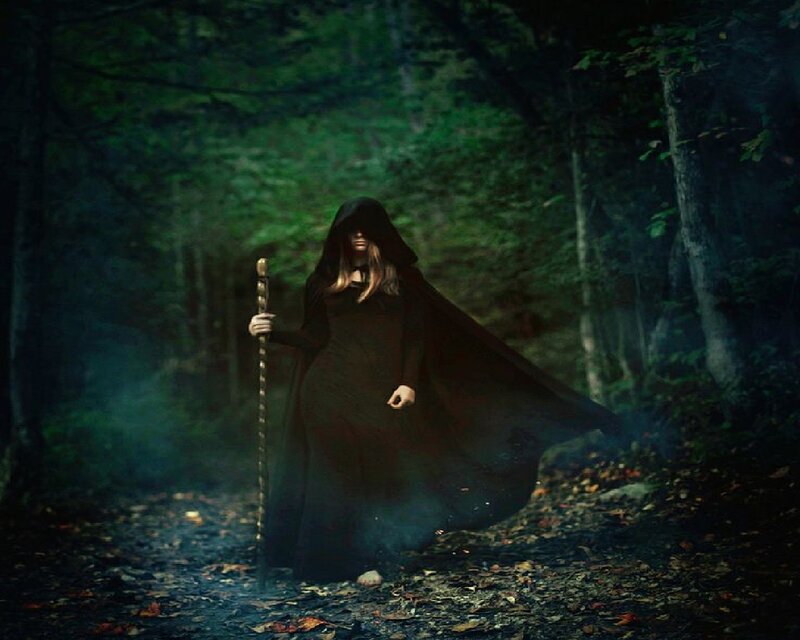Hooded Figure in Forest — Black, Mysterious, Night