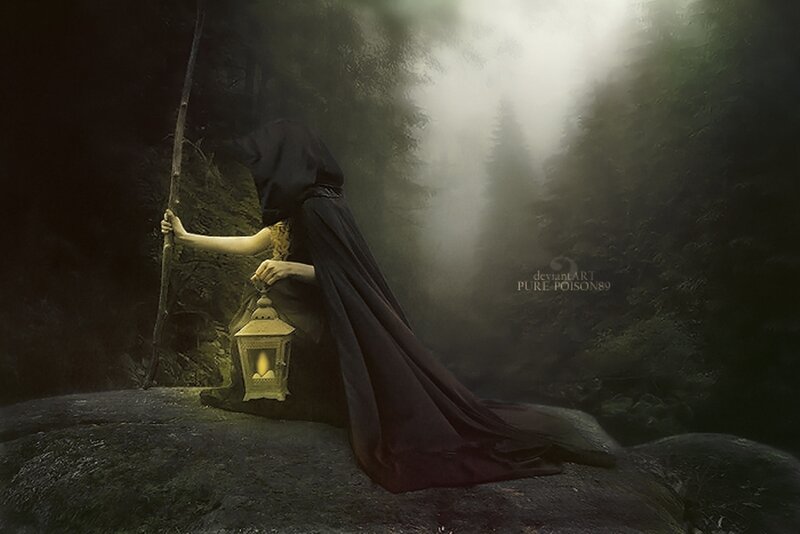 Hooded Figure in Forest — Black, Mysterious