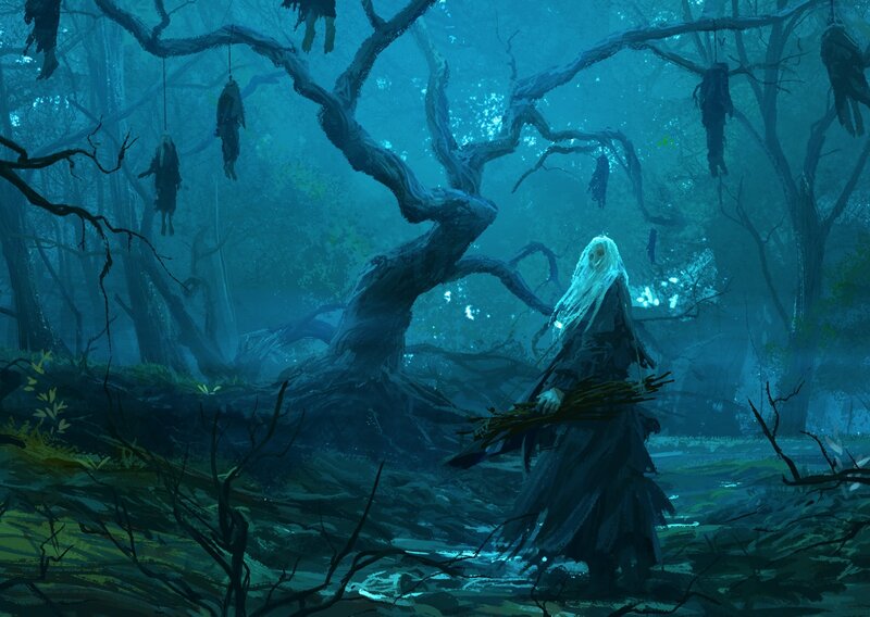 Hooded Figure in Forest — Blue, Dark, Night