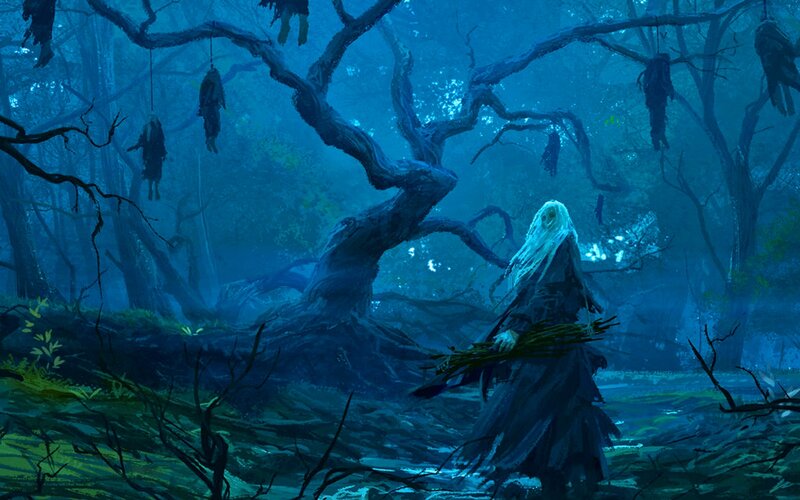 Hooded Figure in Forest — Blue, Dark