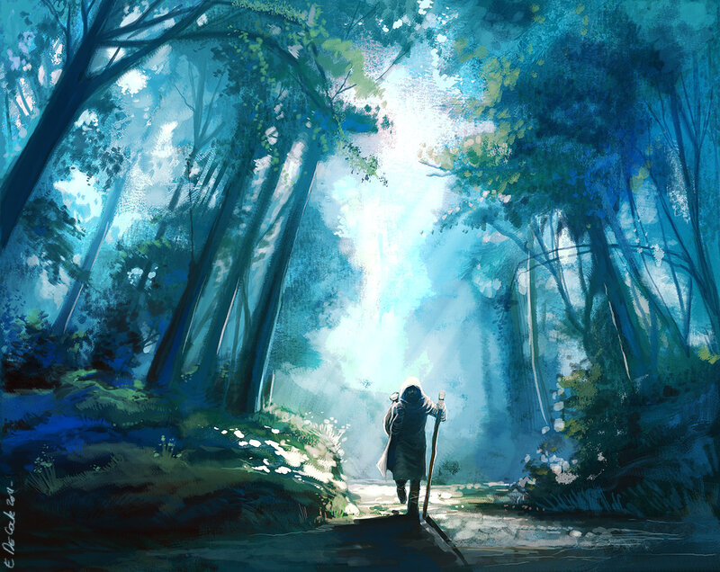 Hooded Figure in Forest — Blue