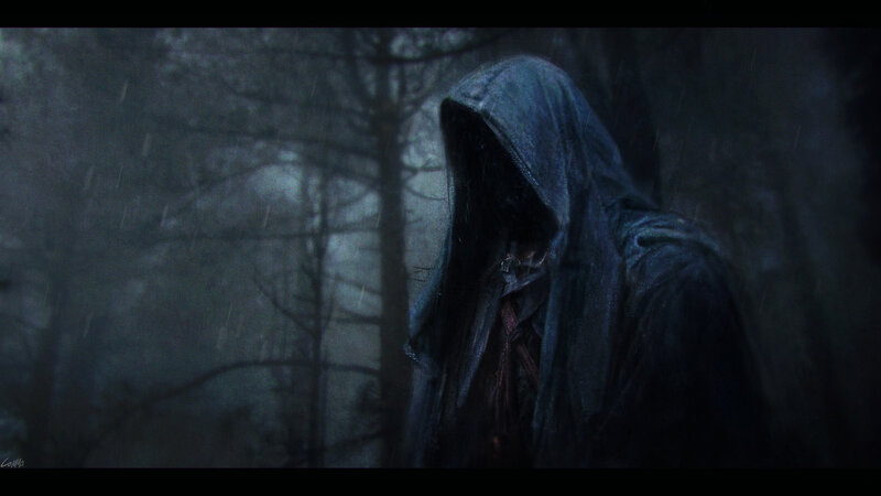 Hooded Figure in Forest — Dark Blue