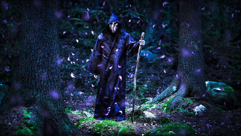 Hooded Figure in Forest — Purple