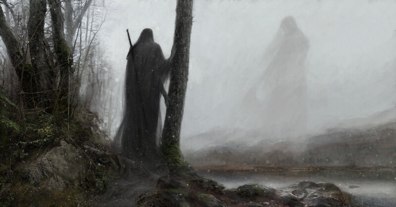 Hooded Figure in Mist — Gray, Eerie
