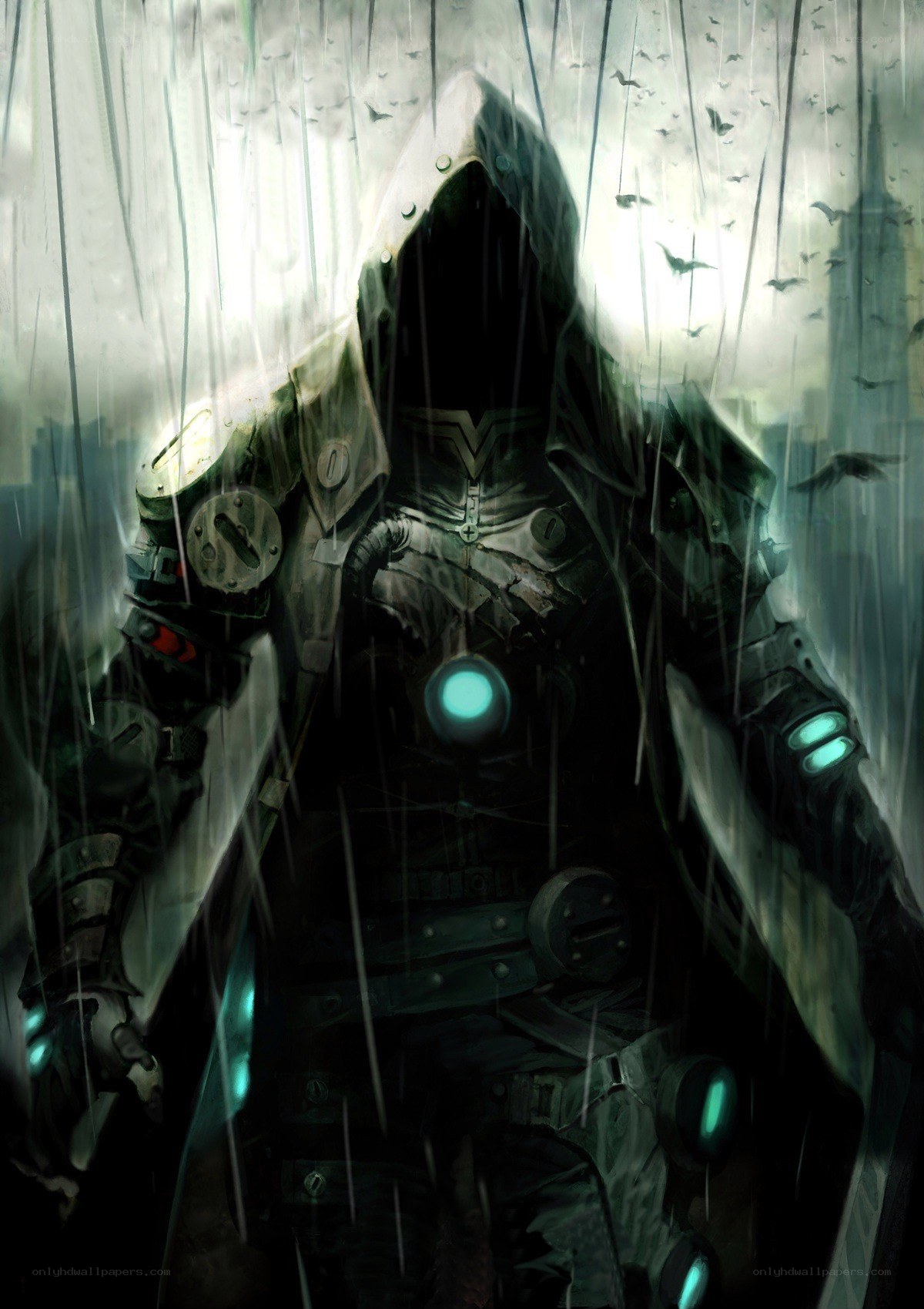 hooded figure in rain