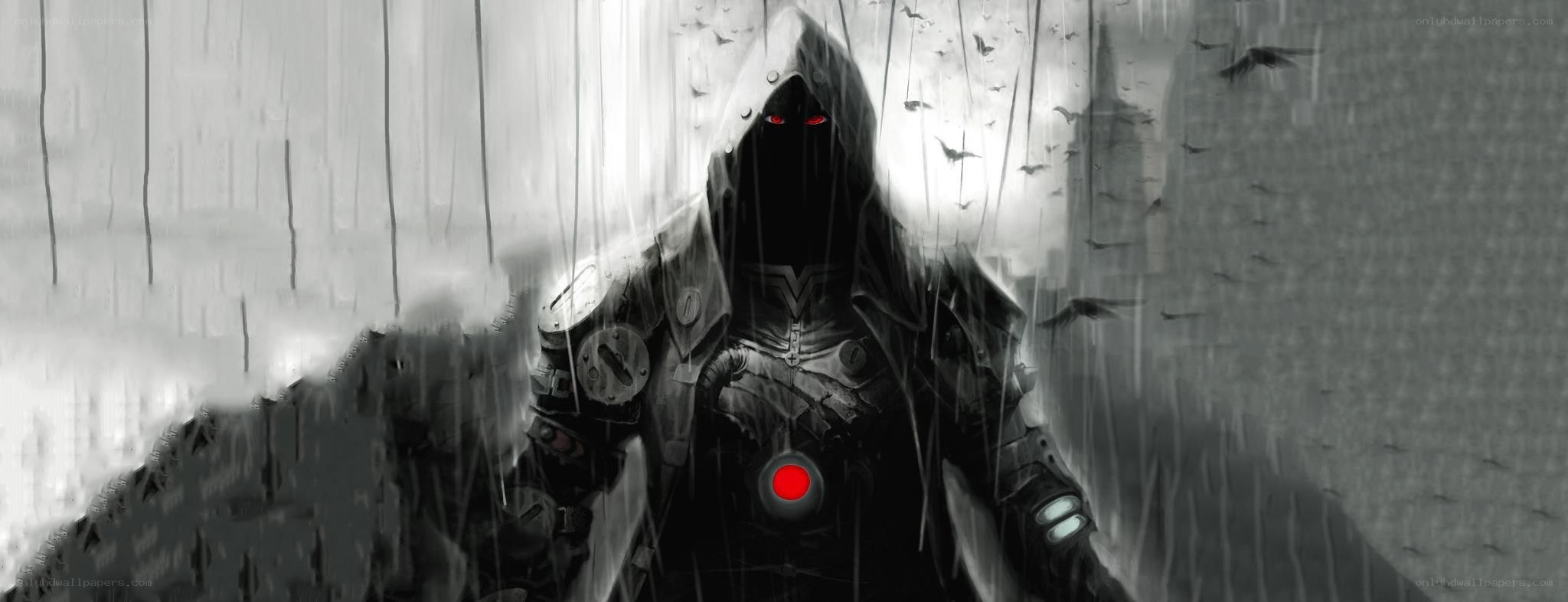 hooded figure in rain