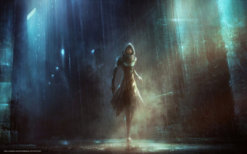 Hooded Figure in Rain — Blue, Dramatic
