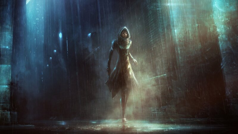 Hooded Figure in Rain — Blue