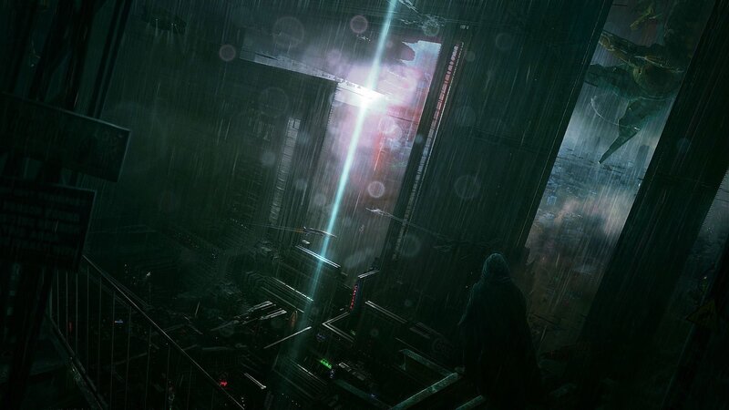 Hooded Figure in Rain — Green