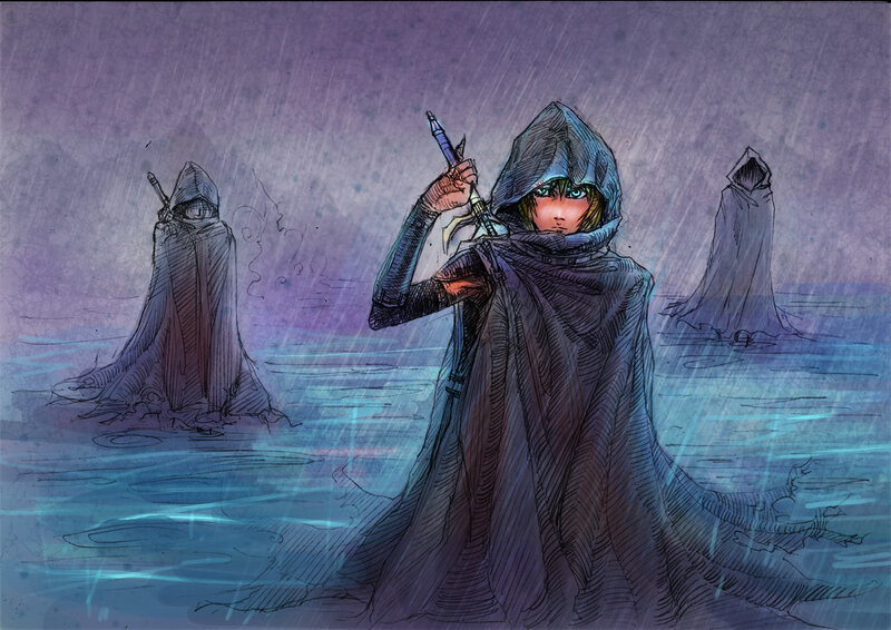 Hooded Figure in Rain — Purple