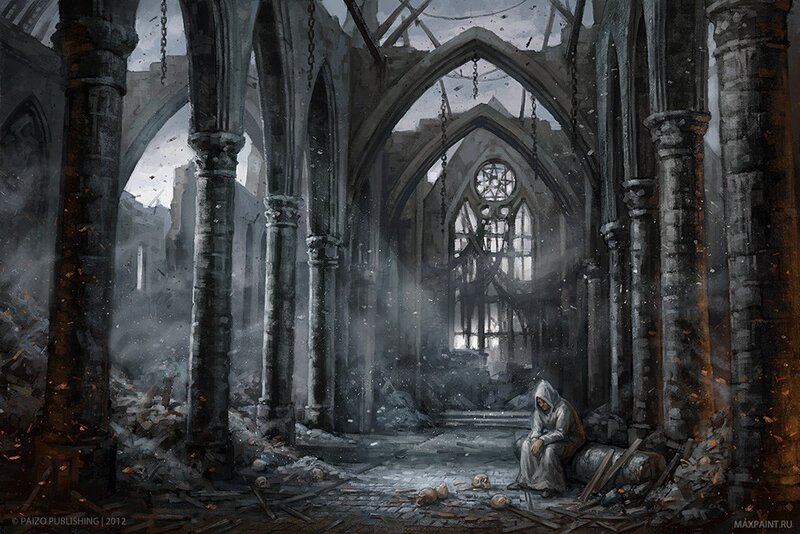 Hooded Figure in Ruin — Gray, Dramatic