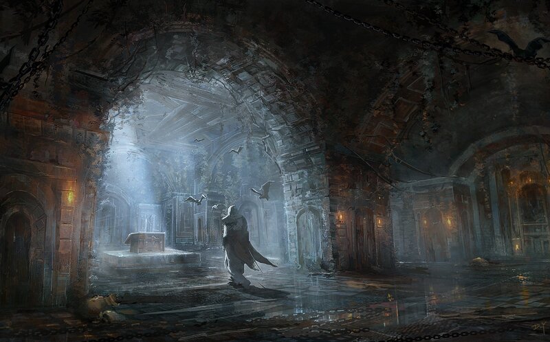 Hooded Figure in Ruin — Gray