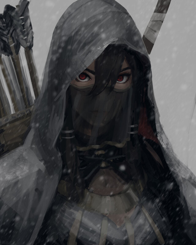 Hooded Figure in Snow — Gray, Dramatic, Winter