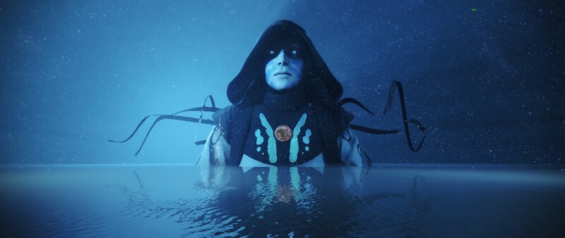 Hooded Figure in Water — Blue, Dramatic