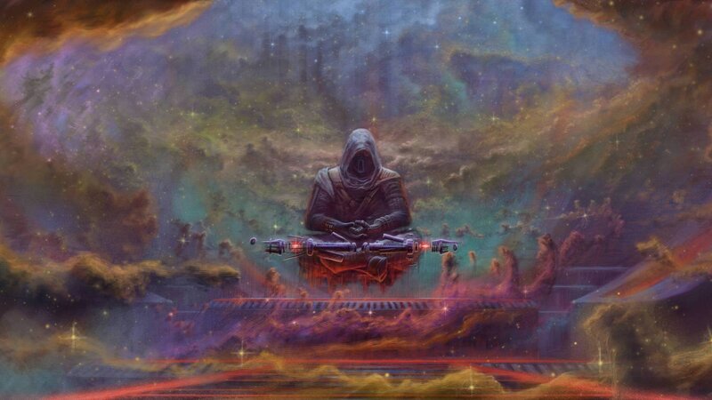 Hooded Figure Meditating — Purple, Dramatic, Mystical