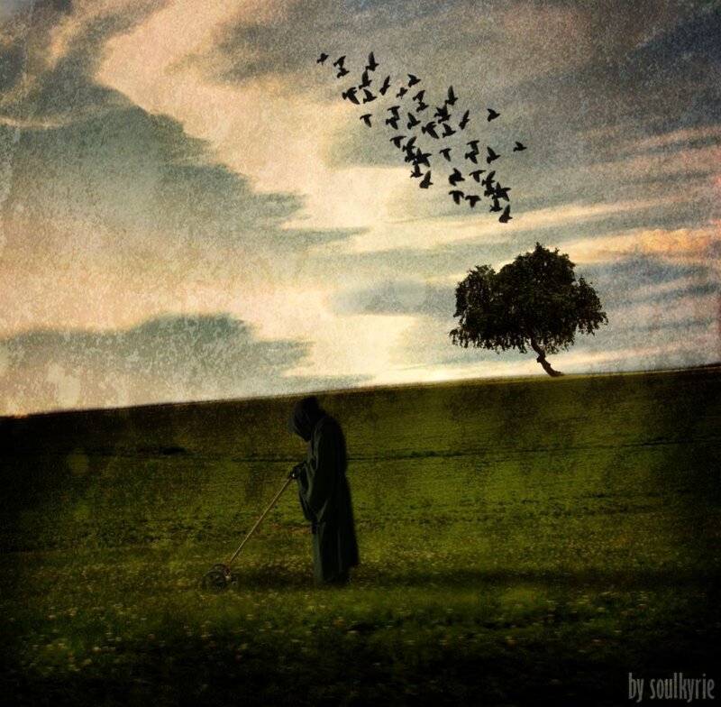 Hooded Figure Mowing Grass