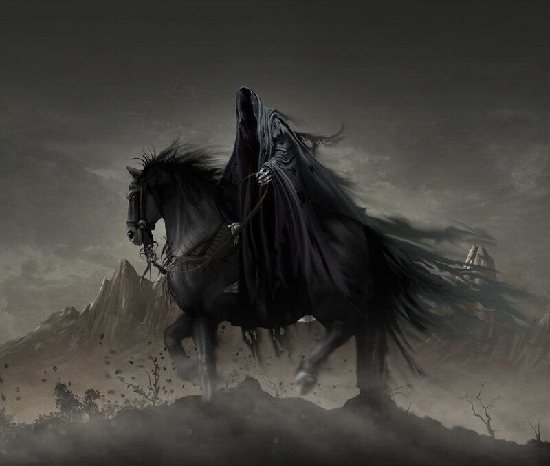 Hooded Figure on Black Horse
