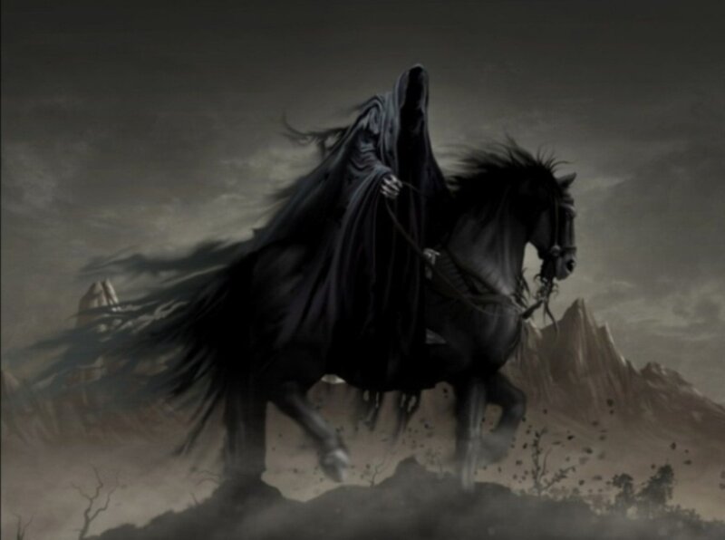 Hooded Figure on Horse — Black, Dramatic, Digital Art, Mountains