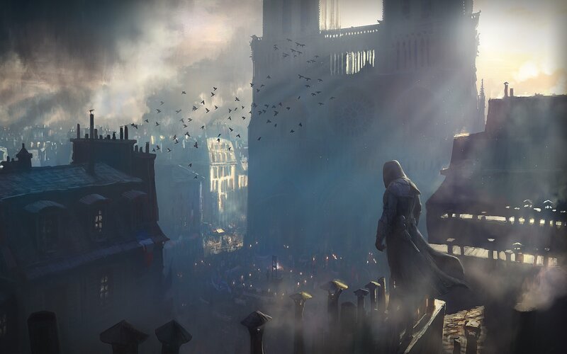 Hooded Figure on Rooftop — Gray, Dramatic, Sunset, Digital Art