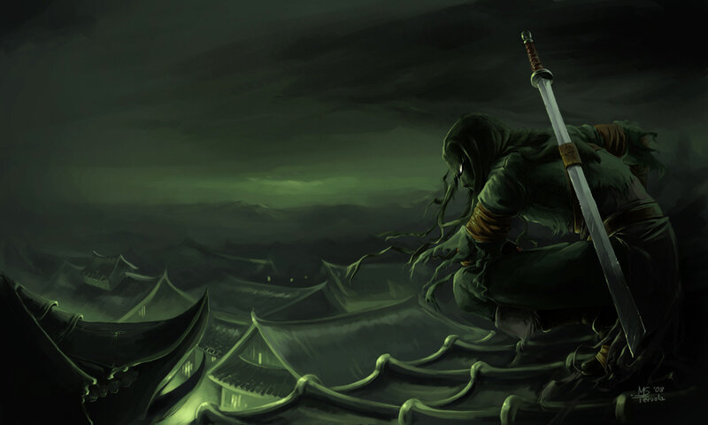 Hooded Figure on Rooftops