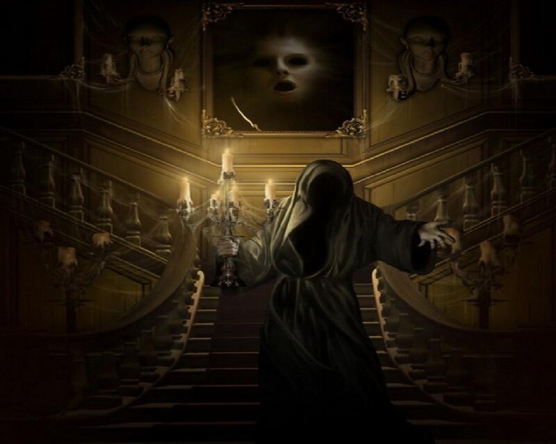 Hooded Figure on Staircase — Black