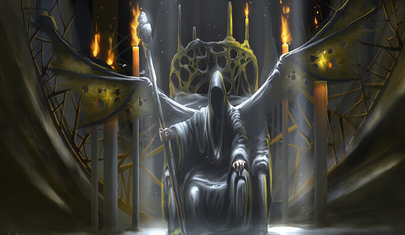 Hooded Figure on Throne — Black, Dramatic, Night, Digital Art, Candles