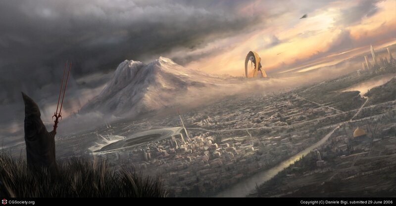 Hooded Figure Overlooking City