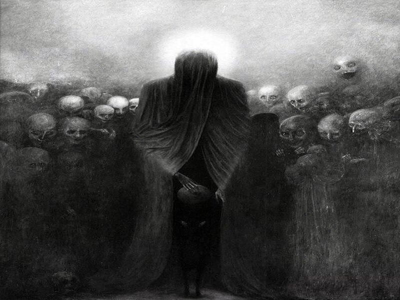 Hooded Figure Surrounded by Skulls