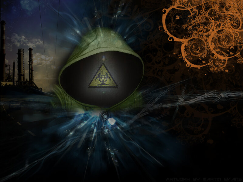 Hooded figure with biohazard symbol