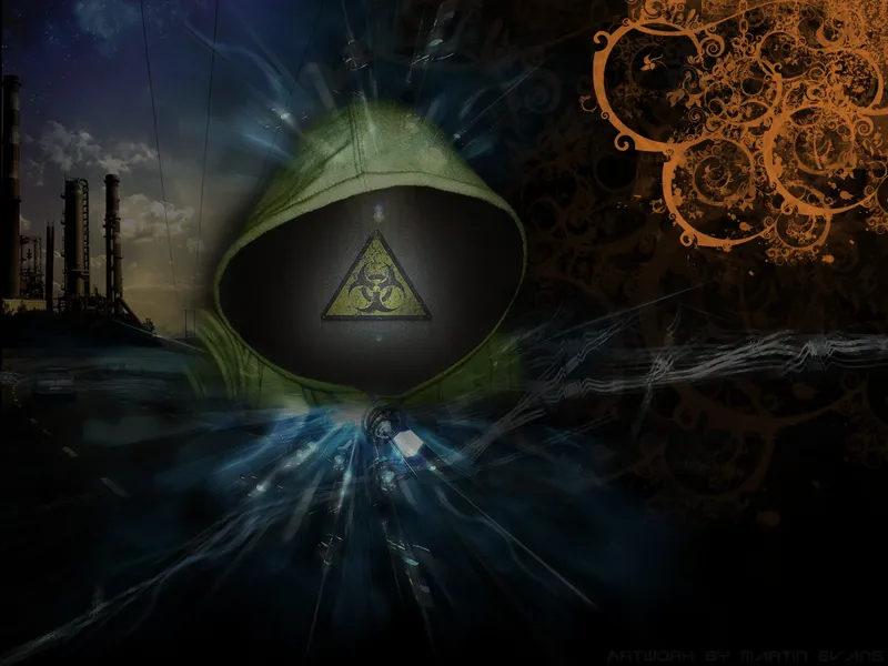 Hooded figure with biohazard symbol