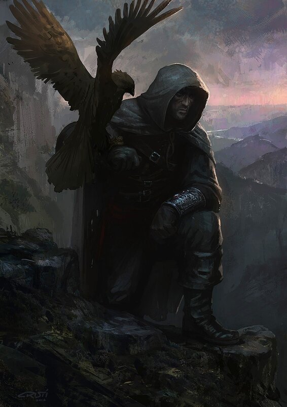Hooded Figure with Bird — Gray