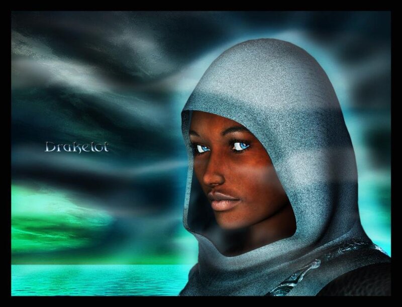 hooded figure with blue eyes