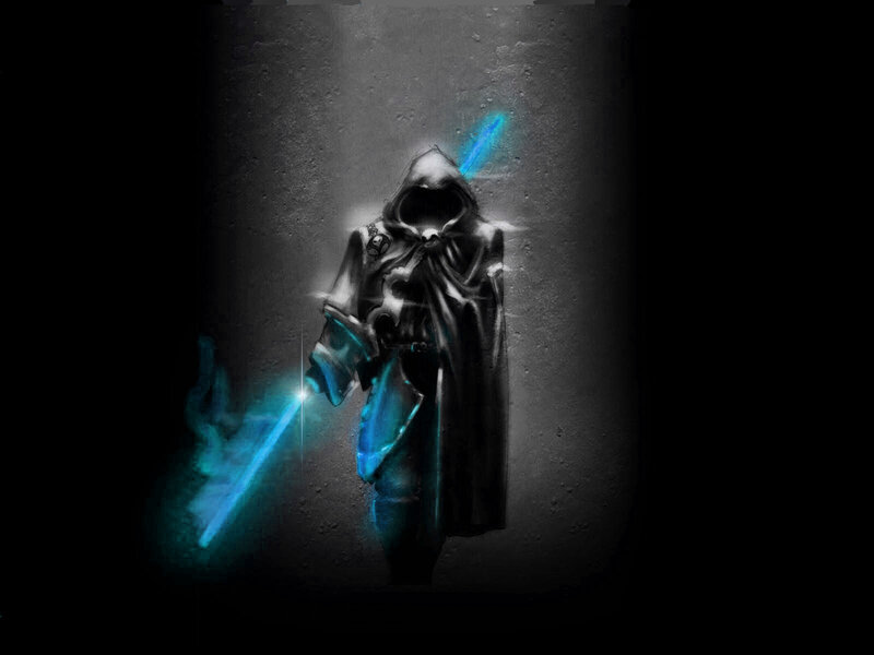 hooded figure with blue lightsaber