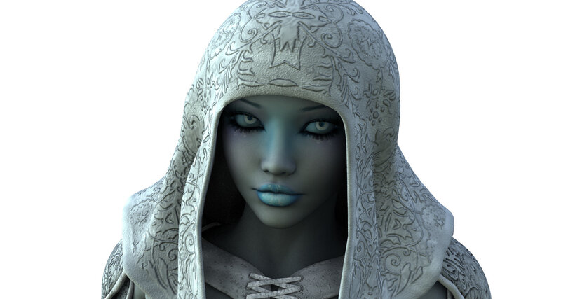hooded figure with blue skin