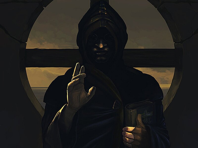 hooded figure with book