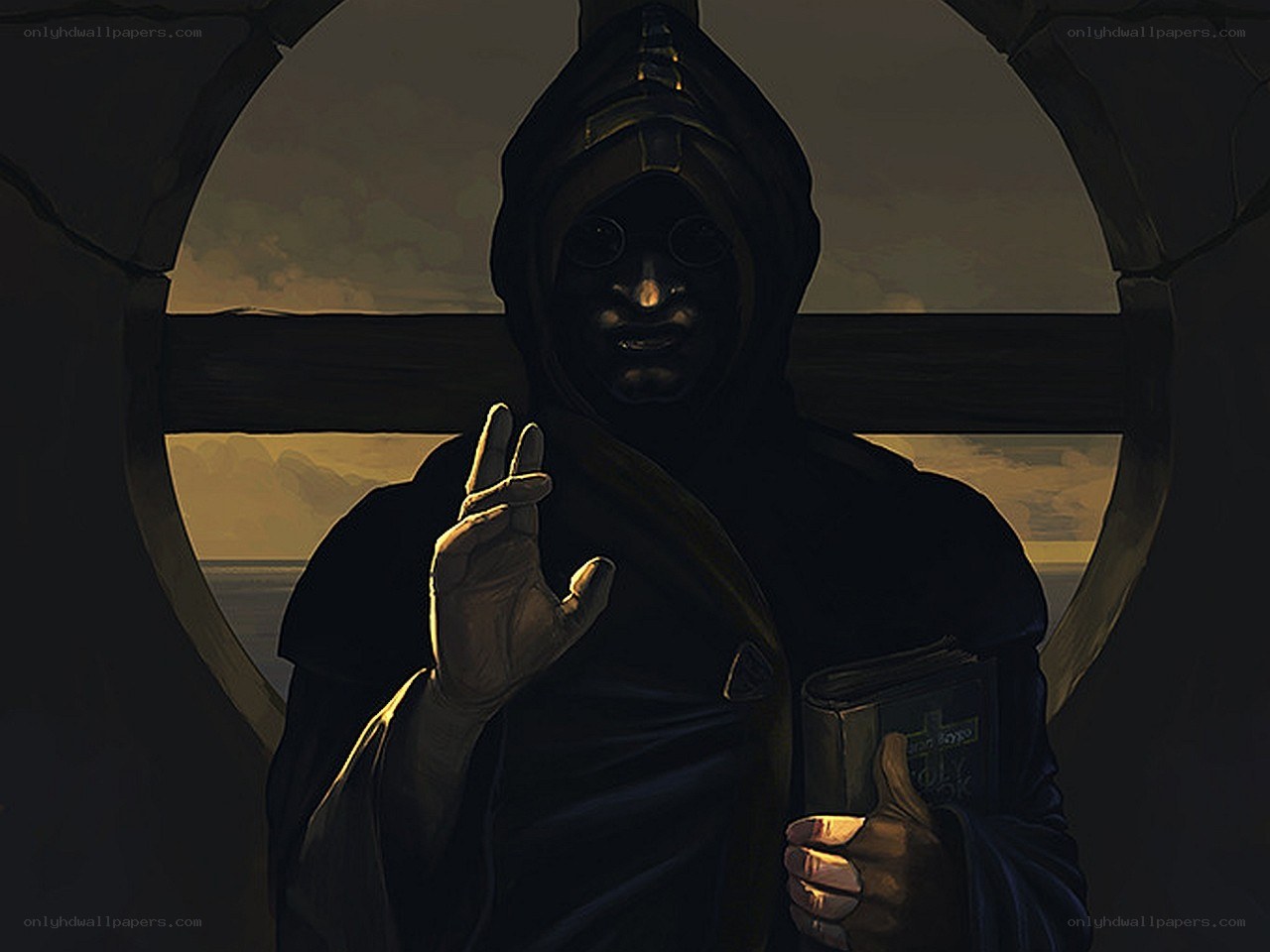 hooded figure with book