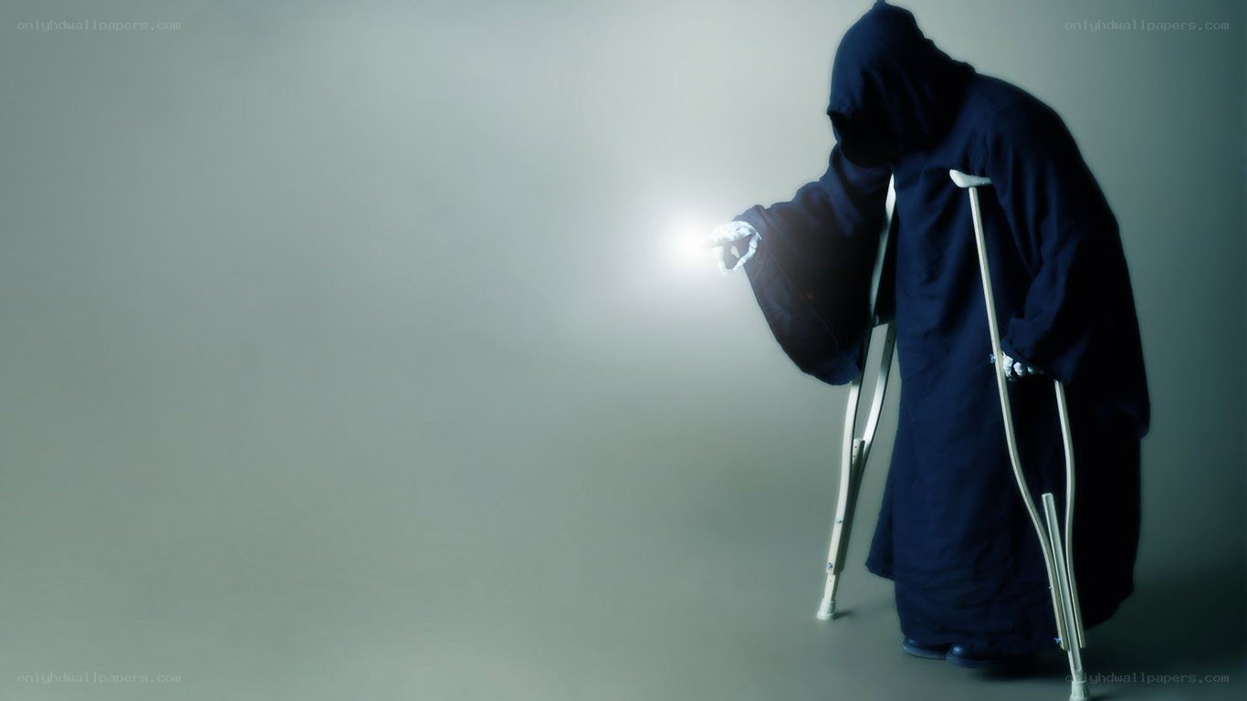 hooded figure with crutches