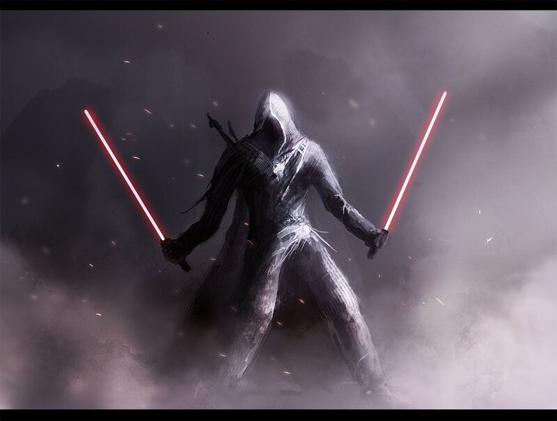 hooded figure with dual lightsabers