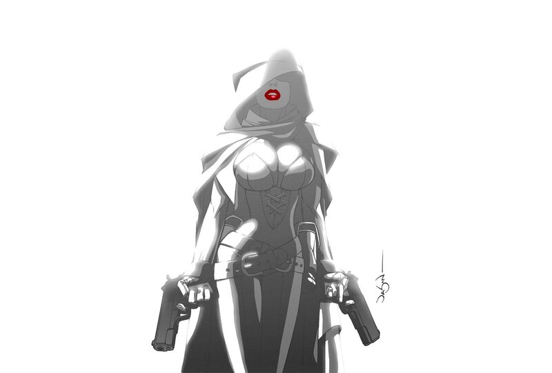 hooded figure with dual pistols