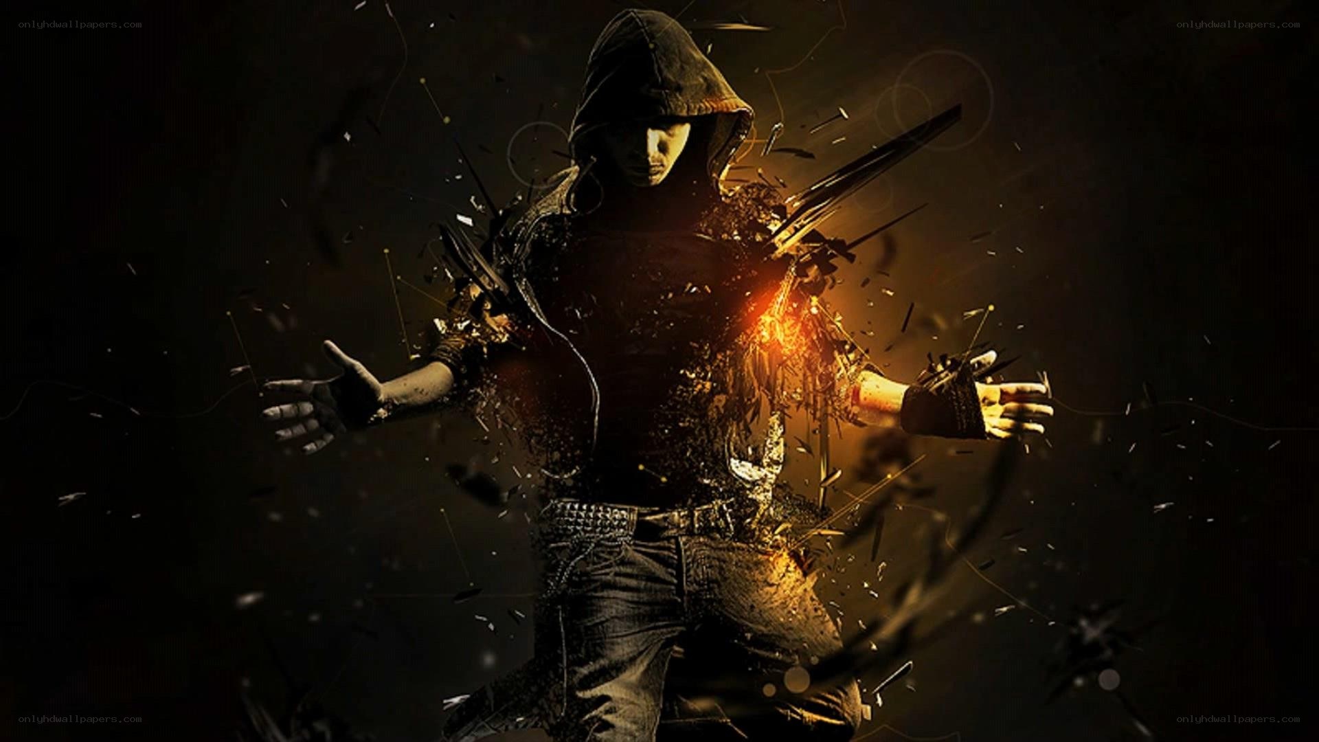 hooded figure with energy explosion